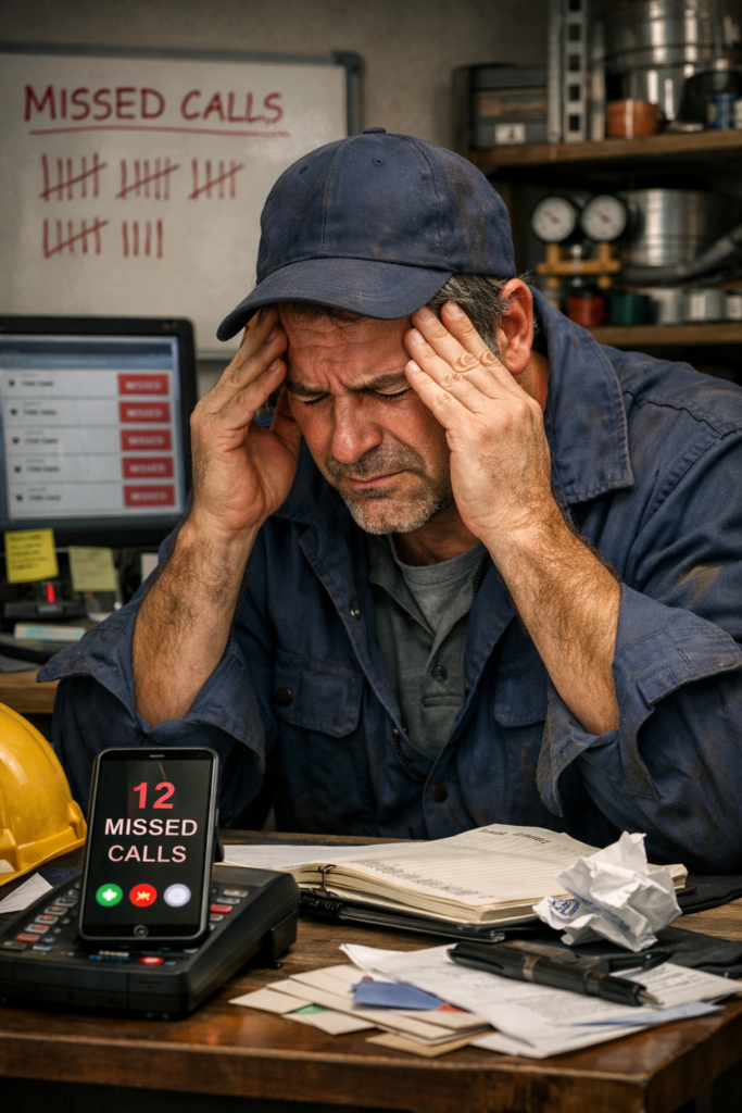 Frustrated NJ HVAC contractor holding his head at a cluttered desk with phone showing 12 missed calls and a whiteboard tracking lost calls