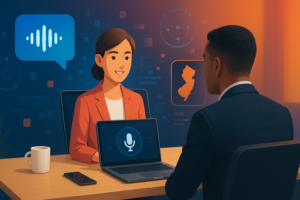 Local AI voice assistants enhancing customer engagement for New Jersey businesses, office with AI receptionist in action.