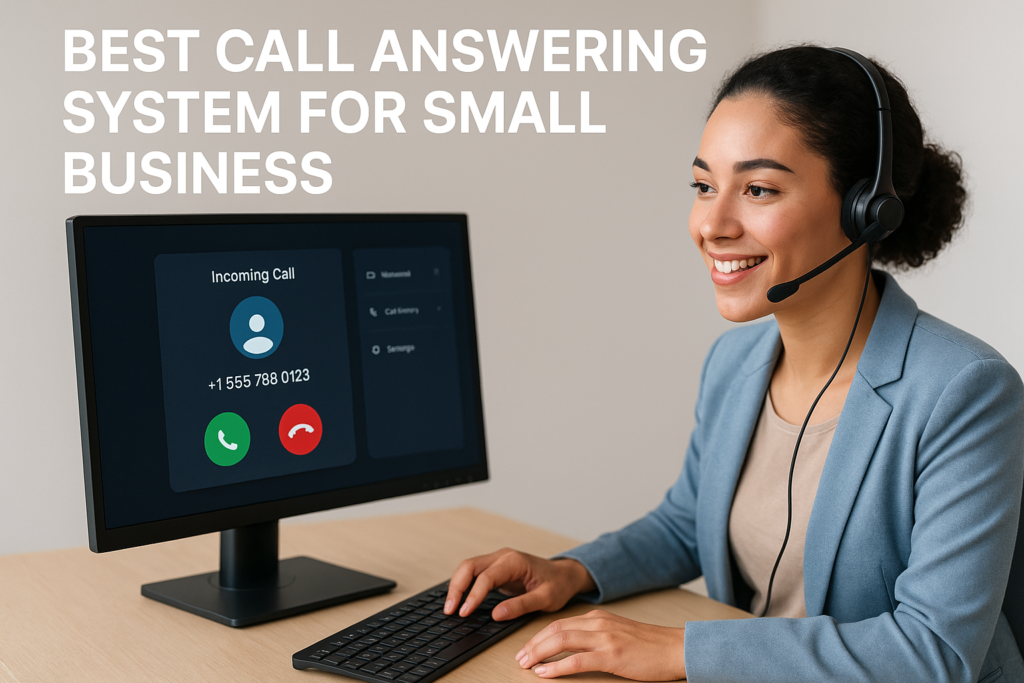 Image of a small business owner using an AI call answering system for enhanced customer service. Image of a receptionist system showing incoming calls and options.