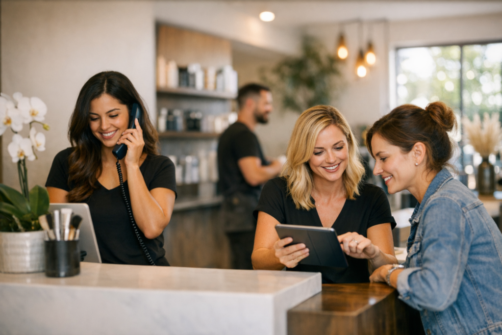 Customer engagement automation for salons with AI answering booking call 24/7