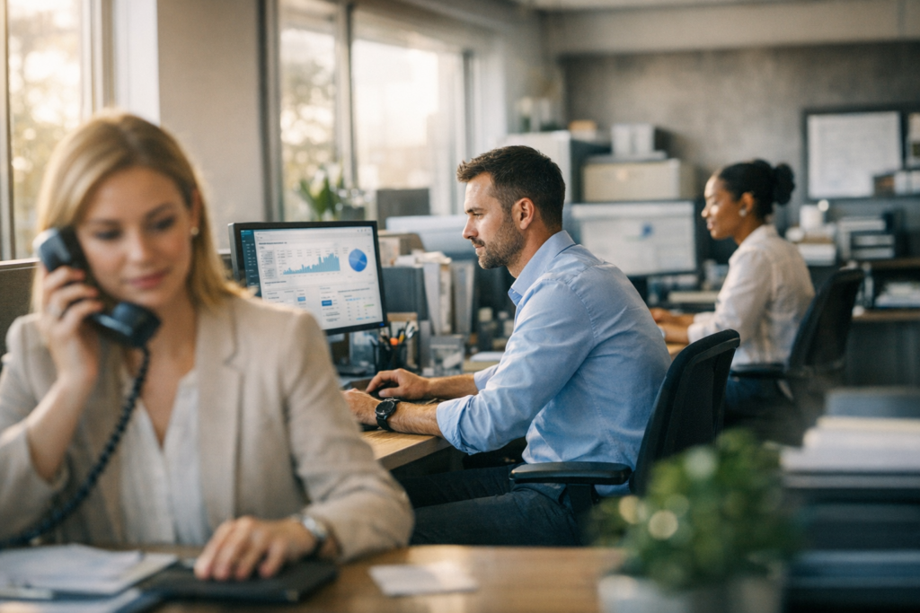 Insurance agents using CRM follow-up automation in an office setting